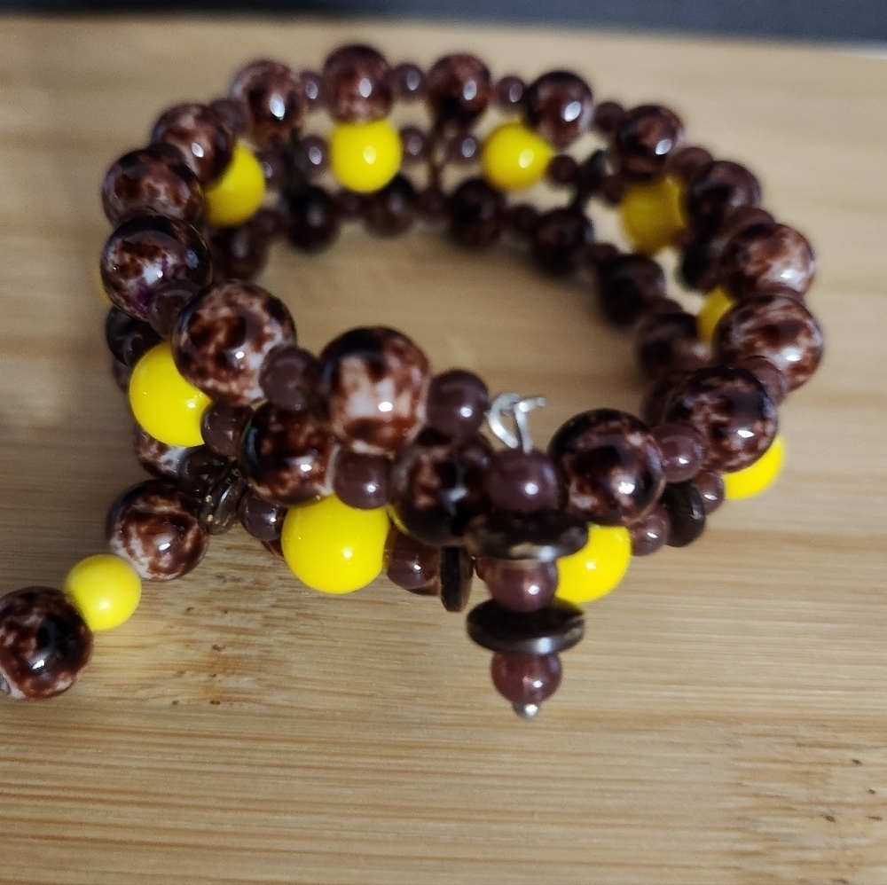 Hand Crafted Wrap Bracelet Brown Yellow Bead Memory Wire